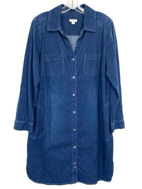 J. Jill Denim Shirt Dress Cotton Button Up Size Large Dark Indigo Wash